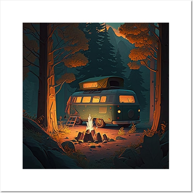 Camping Van, Adventure in the Forest, Camfire Wall Art by dukito